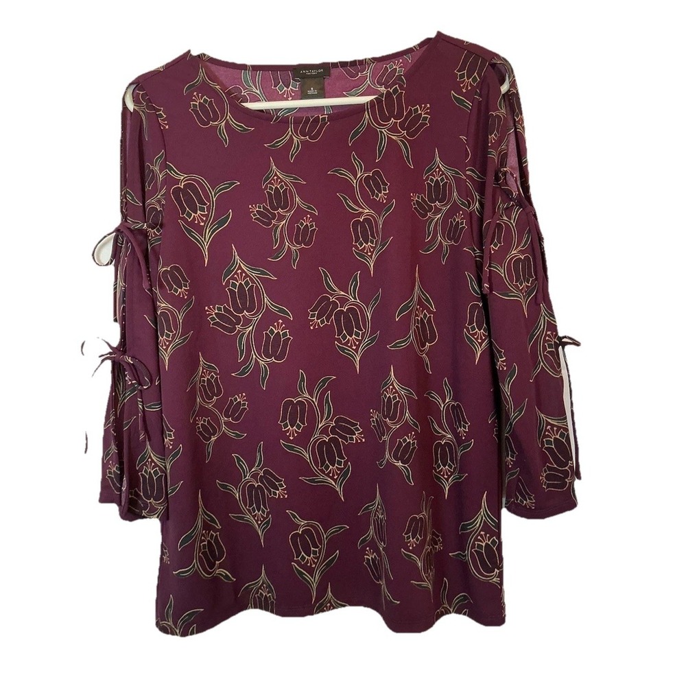 Ann Taylor Factory Burgundy Floral Tie Sleeve Blouse Top Women's Size Small